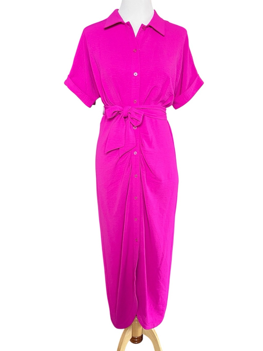DKNY vibrant fuchsia pink button-down shirt dress maxi